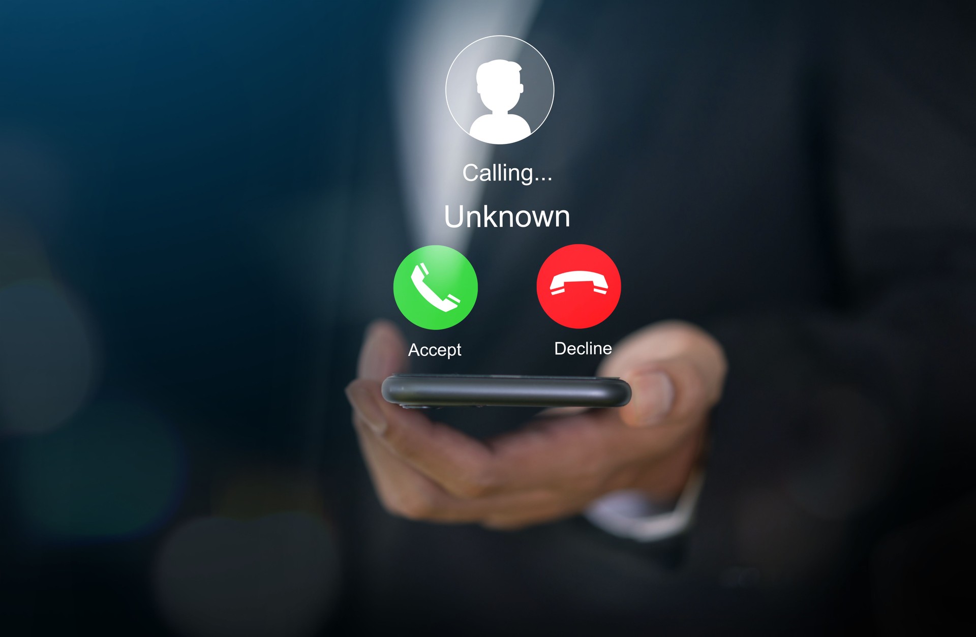 Human use smartphone with incoming call from unknown number, spam, prank caller, hoax person, fake identity, scammer, scam with mobile phone, hacker, call center, crime, call, fraud or phishing